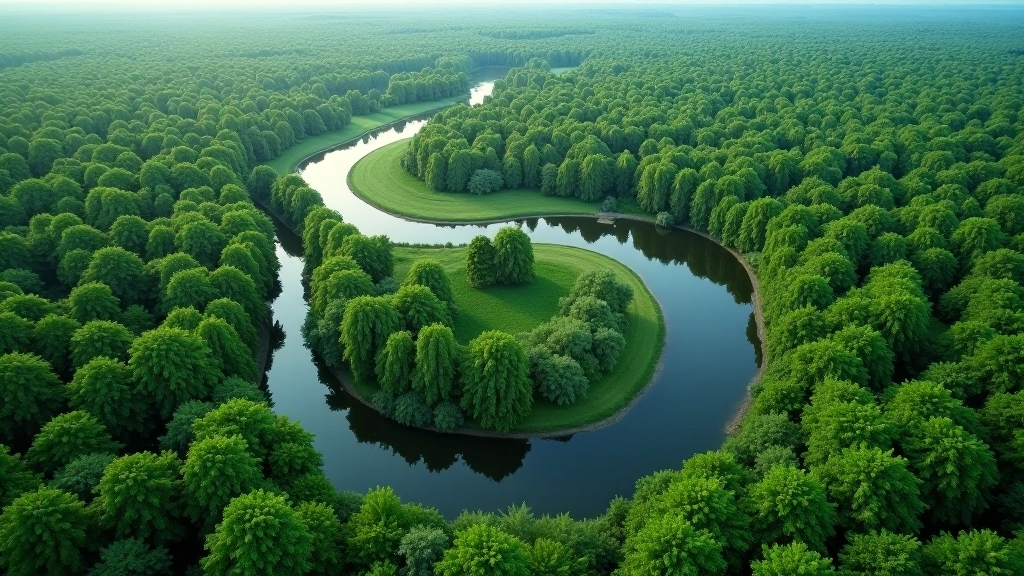 Nemuno upės meandrų žemėlapis iš paukščio skrydžio aukščio su žaliais miškais aplink