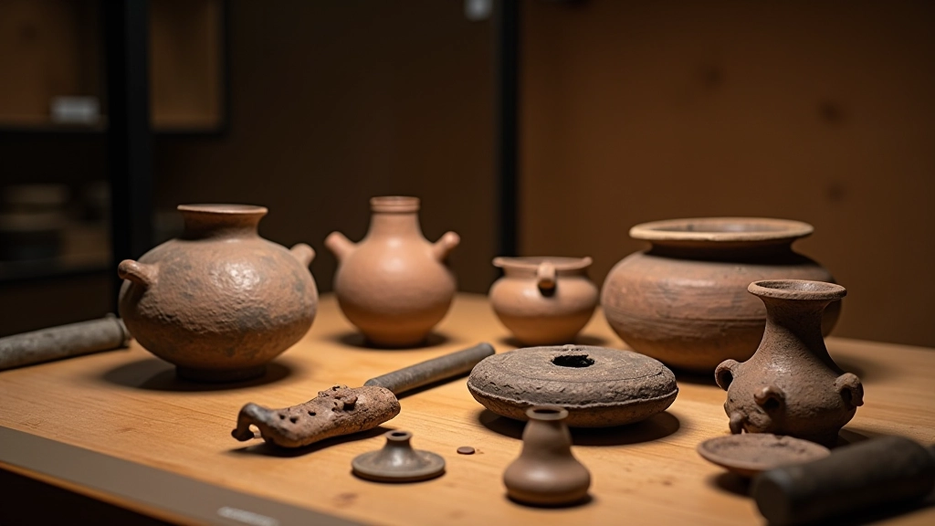 Senovės keramika ir kariniai ginklai rasti piliakalnio kasinėjimuose, archeologinis nuotrauka