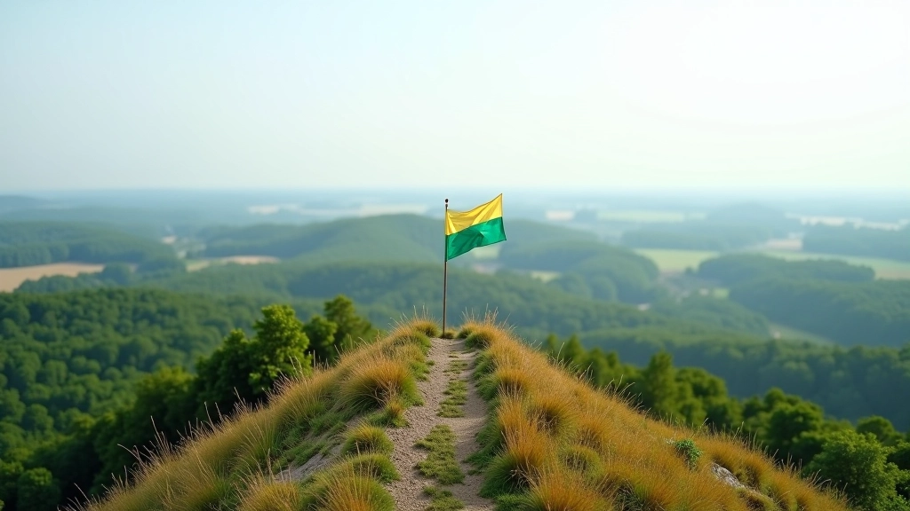 Piliakalnio viršūnė su išskleista vėliava, platus regionas, miškų panorama